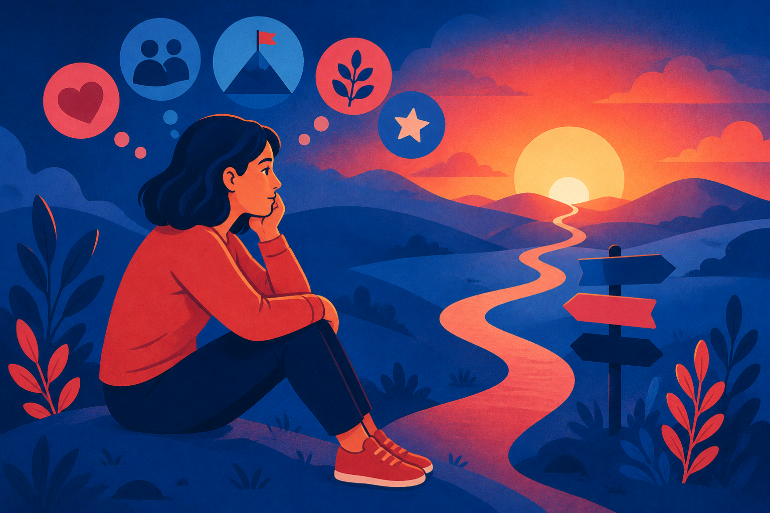 Woman sitting on a hill at sunset, pondering as icons float above her: heart, friends, mountain with flag, leaf, star.